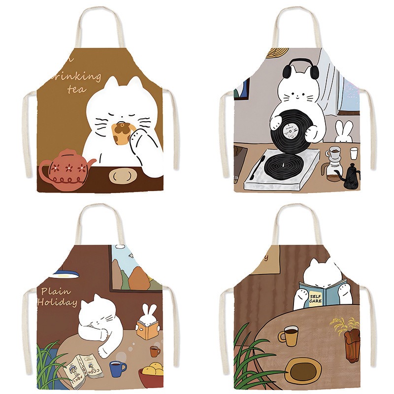 Coffee Tea Knits - Delantal con estampado de gato blanco,