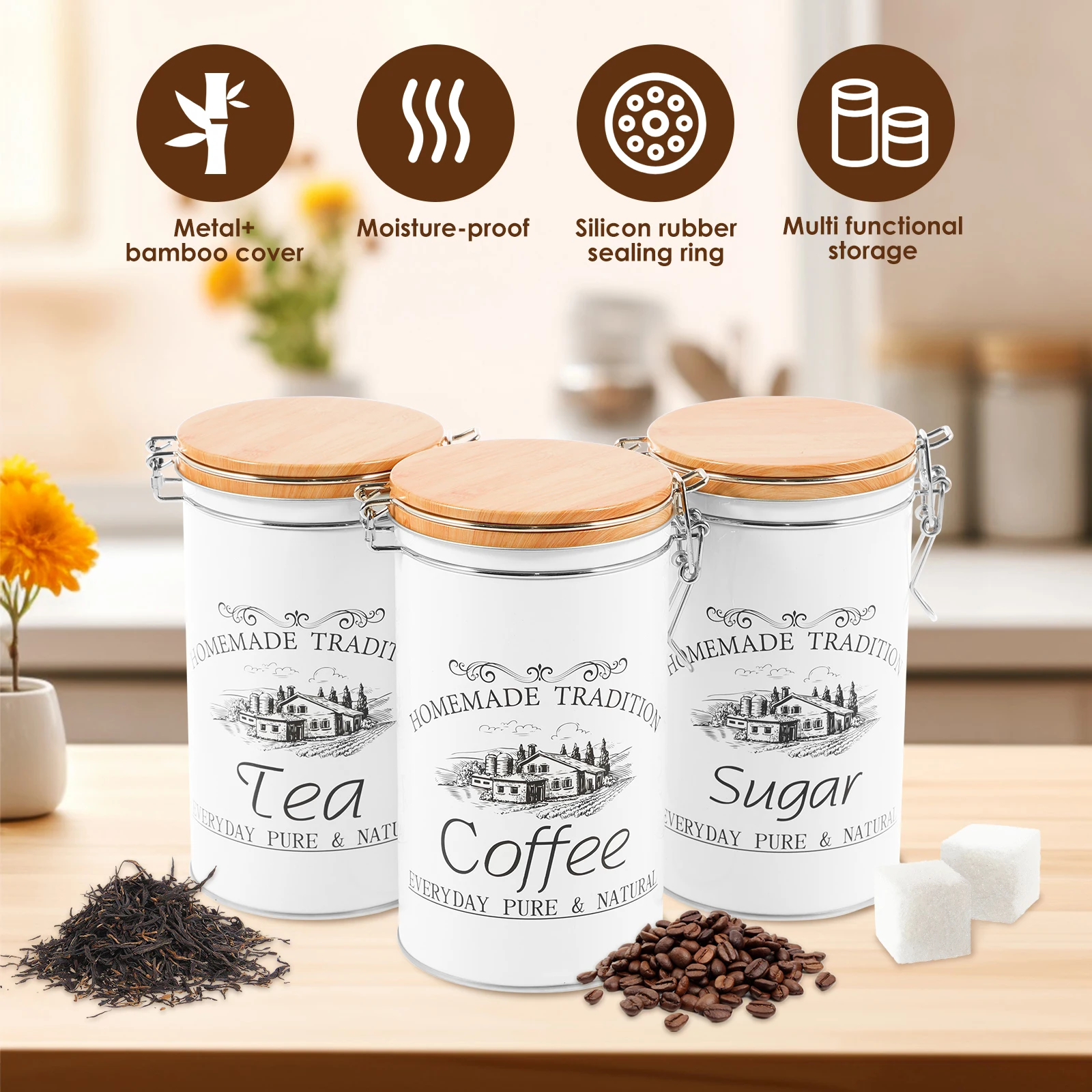 Juego de 3 Recipientes Metálic - Coffee Tea Canister Set reseña y precio